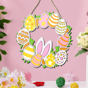 Easter Cartoon Bunny <b>Egg</b> Wreath Wooden Hanging <b>Decoration</b> For Indoor Door Party Easter Decor Round Boxwood Design - Product Image 1