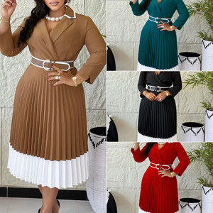D3352 <span class=keywords><strong>Abito</strong></span> <span class=keywords><strong>Invernale</strong></span> Trendy da Donna, Elegante e Casual, con Blocchi di Colore, Maniche Lunghe, Scollo a V, Linea ad A, Plissettato, per Ufficio, con Cintura - Product Image 2