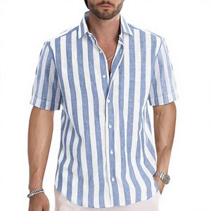 Chemise habillée décontractée pour homme, élégante, à manches courtes, boutonnée, perlée, rayée, 100 % polyester, chemise de plage - Product Image 1