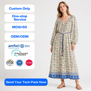 Vestido Largo SHENGFU, Elegante, Estampado, Verano, <span class=keywords><strong>Mujer</strong></span>, Floral, Moda, Maxi, Cuello en V, Boho, Cinturón, Ropa Personalizada OEM, Resort - Product Image 1