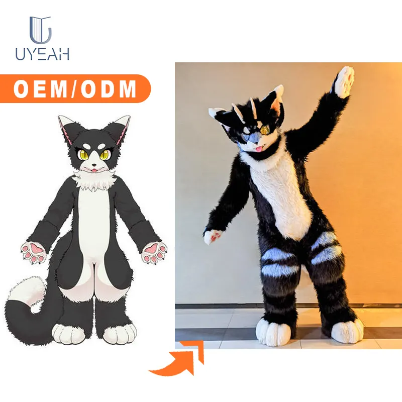 Aanpassen Zwart Wit Huksy Hond Fursuit Fullsuit Tiener Kostuums Kind Volledige Harige Pak Furries Anime Digitigrade Kostuum