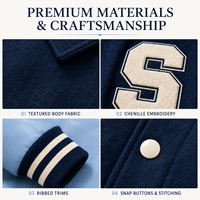 Veste universitaire personnalisée en chenille pour homme, veste de baseball en mélange de laine jacquard avec manches en cuir bleu, veste brodée style Letterman
