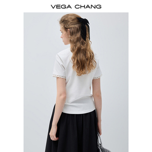 T-shirt en coton à manches courtes VEGA CHANG, style français élégant, coupe ajustée, non restrictif, couleur blanc pur minimaliste, effet éclaircissant. - Product Image 6