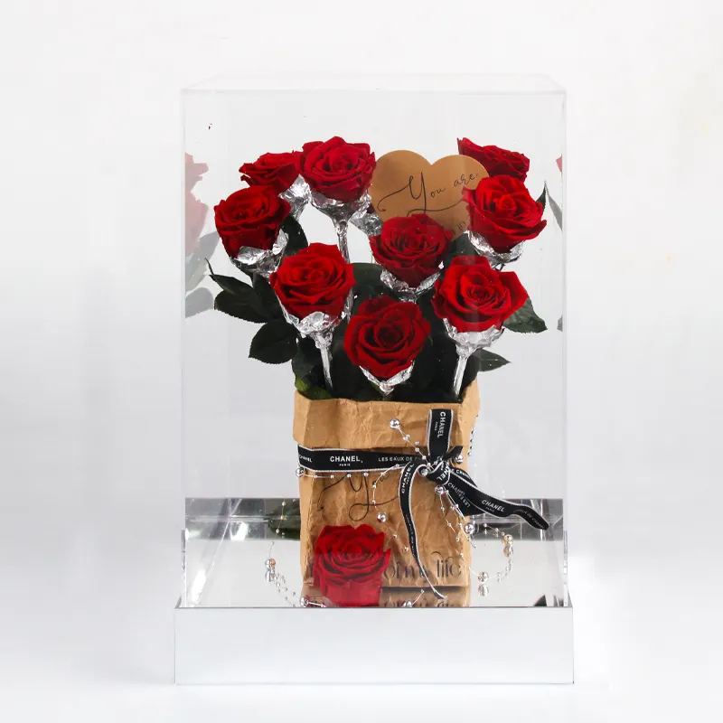 صندوق هدايا الزفاف عيد الحب للأمهات يحتوي على زهور محفوظة صناديق أكريليك بها ورود خالصة هدية حب لصديقة