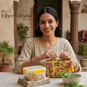 Floral Quilted Cotton Lunch Bag Yellow Tiffin Bag Zipper Snack Carry Bag Handmade <b>Gift</b> - Product Image 5