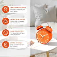 Réveil analogique 4,5 pouces, sonore, en métal orange, à quartz, à piles, avec fonction snooze, double cloche, silencieux, pour dormeurs profondément endormis, pour table de chevet