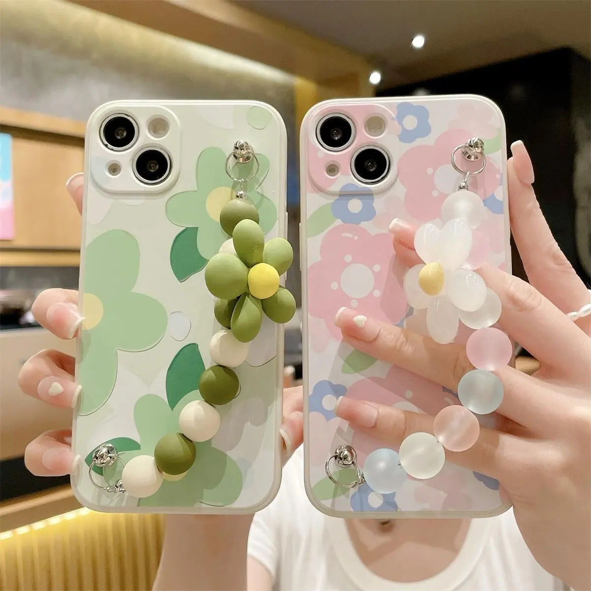 hot sale painting flower silicone case with chain wrist for iphone 14 pro 13 for iphone 11 xs max painting tpu mobile phone case