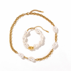 Stainless Steel Necklace And <b>Bracelet</b> <b>Set</b> Imitation Pearl Baroque Style Gold Plated For Women Party Jewelry - Product Image 4