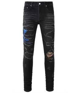 Thời Trang Màu Đen Hip Hop Ripped Denim Jeans Người Đàn Ông Thêu Thiết Kế Đàn Hồi Skinny Jeans Tùy Chỉnh Người Đàn Ông Râu xếp li Bút Chì Quần - Product Image 2