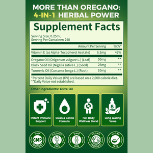 4-in-1 Bio-Oreganoöl-Flüssigkeitstropfen mit Schwarzkümmelöl, Kurkumaöl & Vitamin E für Immunsystem, Atemwege und Verdauung - Product Image 3