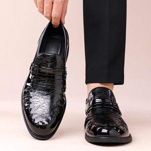 Mocassins en cuir verni pour hommes, bout rond, à enfiler, semelle souple en caoutchouc, chaussures de mariage, couleur unie, doublure en cuir véritable, collection printemps - Product Image 4