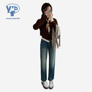 بنطلون جينز فضفاض للنساء من يوانبويفي بخصر عالٍ وساق مستقيمة، ضيق ولكن غير ضاغط، لون أزرق داكن، تصميم بسيط وعصري - Product Image 1