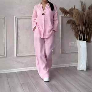 2025 Cross-Border Damen Herbst Zweiteiler Set Übergröße Baumwolle-Leinen-Spandex Bluse Hochgeschnittene Weite Hose - Product Image 1
