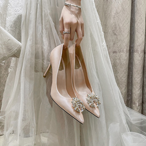 Classic Women <b>Pumps</b> Luxury Rhinestone Silk Wedding Shoes <b>White</b> Pointed Toe Party Dress <b>Ladies</b> Stiletto Bridal Heels - Product Image 6