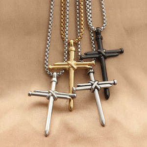 Collar con Colgante de Cruz de Acero Inoxidable para Hombre, Diseño Geométrico con Incrustaciones de Clavos, 280221 - Product Image 1