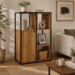 Industrial Oak Wood Display <b>Shelf</b> Cabinet with Metal Frame Open Bookcase and Storage Door for <b>Modern</b> Living Room Furniture - Product Image 4