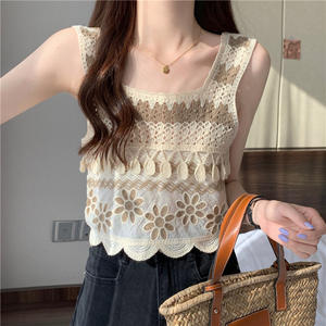 <span class=keywords><strong>Gilet</strong></span> en tricot vintage à broderies au <span class=keywords><strong>crochet</strong></span> pour femmes, style bohème ethnique d'été, haut sans manches court - Product Image 3