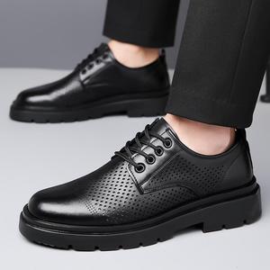 Zapatos Oxford de Cuero para Hombre, Punta Redonda, Transpirables, Suela de Goma, para Boda, Primavera, Negros, con Cordones, Estilo Sólido - Product Image 2