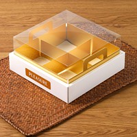 Boîte à gâteaux 4 tasses avec plateau doré et couvercle en plastique transparent 8.2x8.2x4 pouces Boîte à desserts