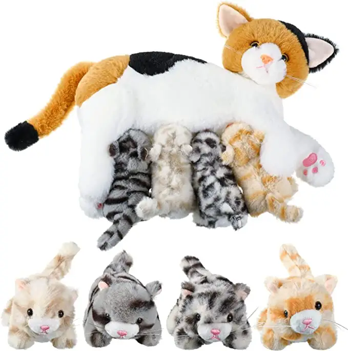 Soft Mommy Cat with 4 Baby Cats Plush Toy Set for Girls and Boys Adorable Nurturing Cat Stuffed Animal with Plush Kittens