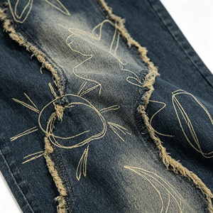 Vaqueros de mezclilla de cintura alta y pierna ancha - Bordados a mano con estrellas, lunas, sol y corazones, estilo vintage desgastado y deshilachado, streetwear, largos y holgados - Product Image 5