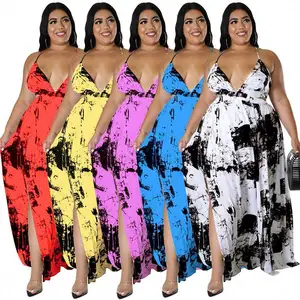 Último diseño vestidos de mujer de talla grande sin espalda con abertura correa de espagueti pintura vestido estampado africano ropa de mujer de talla grande