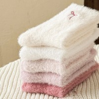 Chaussettes longues écologiques pour femmes, mignonnes, en polaire Waterflea, décoration d'intérieur, laine douce, standard, nœud brodé, usage quotidien, sommeil doux