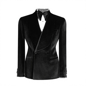 Costume de cérémonie 2 pièces de luxe en velours noir croisé pour homme grande taille (veste et pantalon) pour bal de promo, marié, témoin, smoking - Product Image 2