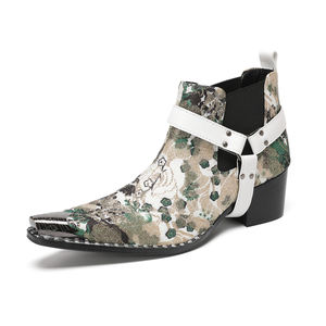 NA762 <span class=keywords><strong>Caballero</strong></span> Chelsea Boots Color mezclado Graffiti Metal Hebilla <span class=keywords><strong>Botines</strong></span> Punk Remache Tacón grueso Cuero Hombre Zapatos <span class=keywords><strong>de</strong></span> negocios - Product Image 2