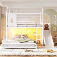 Letto a Castello Moderno in Metallo per Bambini con Scivolo, Scala, Striscia LED, Tenda, Armadio Mobile e Asta Appendiabiti - Salvaspazio, OEM