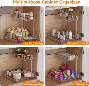Étagère de rangement coulissante à <span class=keywords><strong>2</strong></span> niveaux en métal moderne et durable pour cuisine, <span class=keywords><strong>sous</strong></span> évier, armoire de garde-manger, organisateur de maison - Product Image 4