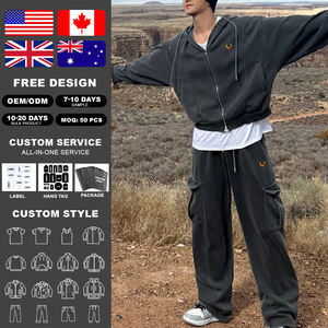 Ensemble survêtement homme KIingSen en molleton bouclette 400 g/m² avec sweat à capuche zippé bidirectionnel et pantalon cargo, délavé à l'acide, respirant, personnalisable, vente en gros - Product Image 1