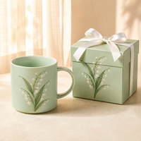 Mug Keramik Lily Valley Sprig dan Cangkir Bunga dengan Lapisan Dalam Putih dan Lapisan Luar Hijau Mint Halus untuk Kursi Teras Pagi LEXI