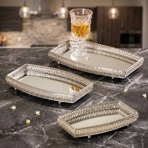 Elegant Polished Metal Serving Trays With Geometric Pattern <b>Rectangular</b> <b>Mirror</b> Top Residential Use - Product Image 6