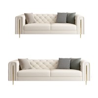 Canapé 3 places capitonné en tissu crème avec accoudoirs et pieds dorés, fauteuil assorti pour hall d'hôtel et salon