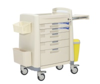 Chariot de transport de médicaments hospitalier moderne sécurisé en ABS avec serrures individuelles et surfaces de travail à double usage pour produits pharmaceutiques