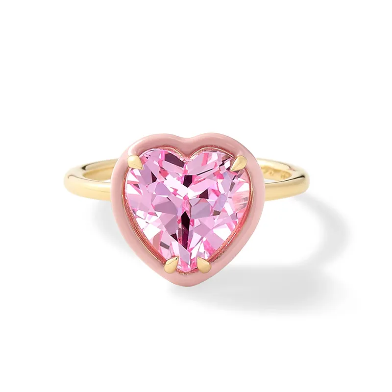 Sparkling 18K Gold Plated Heart Pink Enamel Heart Cubic Zircon 925 Sterling Silver Engagement Ring Valentine's Gift