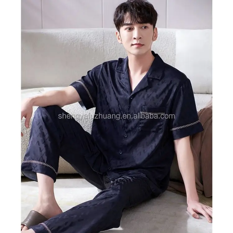 Button up 100% silk 2pcs Set Shirt Mens silk Pyjamas Plus Size Men Night Wear Men's Pajamas Night Suit 7-15 Days