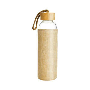 Ecologische herbruikbare borosilicaat glazen waterfles, BPA-vrij, met bamboe deksel en jute hoesje - Product Image 4