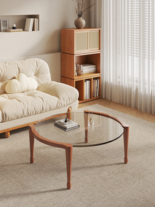 Mesa de Centro Moderna Ovalada con Tapa de Vidrio Templado y Base de Madera, Diseño de Mediados de Siglo, Muebles para Sala de Estar - Product Image 1