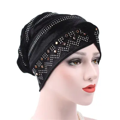HS-056 Gold Samt Bohren Head wraps Muslim Schal Frauen Hijabs Hauben Bandana Kopftuch Muslim Turban Hut Kappen Für Damen