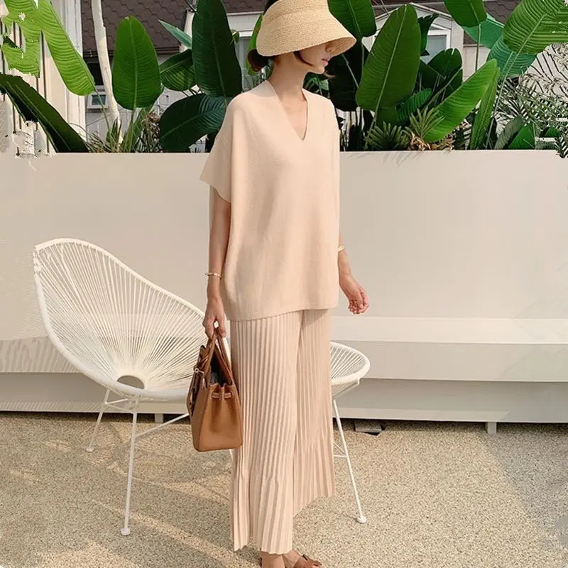 Factory Summer high end fashion viscose knitted two piece set pleated wide leg pants suit women