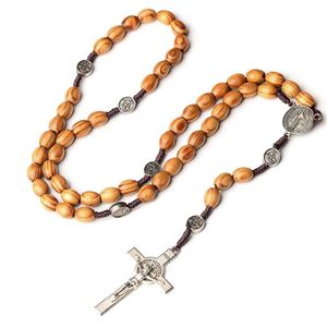 Collier chapelet en bois, cadeaux catholiques, chapelets religieux, perles de prière 8*10mm, croix chrétienne catholique, bijoux Jésus-Christ - Product Image 3