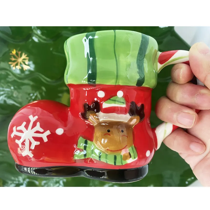 Giáng sinh Santa Boot Mug thăng hoa handpainting dolomite Boot Tea Mug với Tuần Lộc đầu gốm Giày cốc cà phê