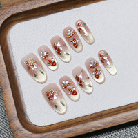 Kuku Palsu Cat-Eye Buatan Tangan Murni dengan Hiasan Kelopak Bunga Tiga Dimensi Gaya Prancis Pola Bunga Press-on Nail