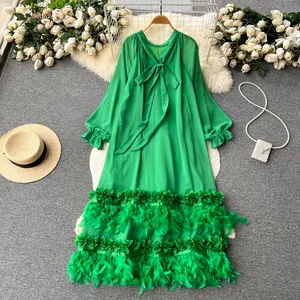 Wholesale 2024 Autumn French Luxury Long Sleeved Design Loose and Slimming Heavy Industry Feather Tassel Women's Dress
