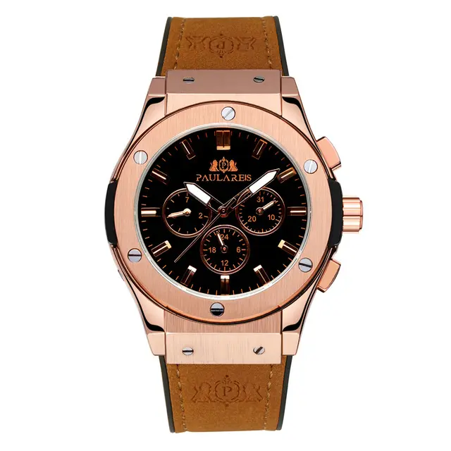 Paulareis Business Men Automatic Self Wind Mechanical Rose Gold Case Brown Leather Rubber Strap Casual Sports Geneve Watch