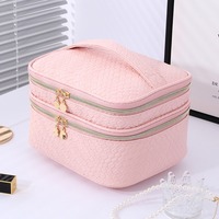 Bolsa de Cosméticos de Gran Capacidad de Cuero PU, Organizador de Maquillaje de Doble Capa con Asa y Cierre, Bolsa de Aseo para Viaje