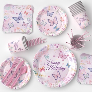 Nouveautés : Vaisselle jetable pour fête d'<span class=keywords><strong>anniversaire</strong></span> d'enfants sur le thème des papillons roses et violets, assiettes en papier, nappe, dessin animé - Product Image 3