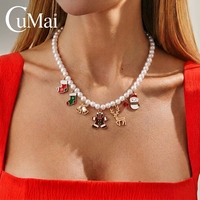 Collier pendentif CUMAI de Noël avec perles, Père Noël, renne, bonhomme de neige, flocon de neige et clochette pour femme, cadeau de fête, bijoux